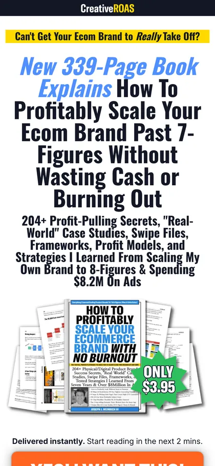 CreativeROAS on a phone: the page for Joe Weinrich’s book on scaling an ecommerce brand.