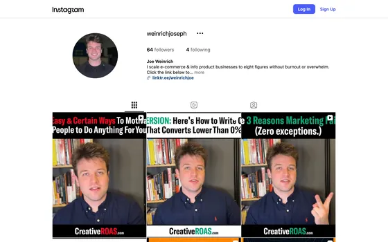 Joe Weinrich’s Instagram profile with his recent video posts.