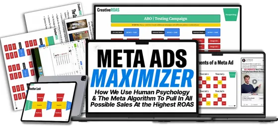 The Meta Ads Maximizer course shown on a laptop, tablet and phone.
