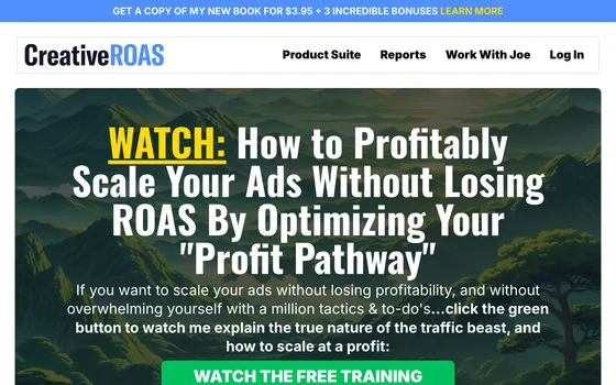The creativeroas.com home page, with a free training on scaling ads profitably.