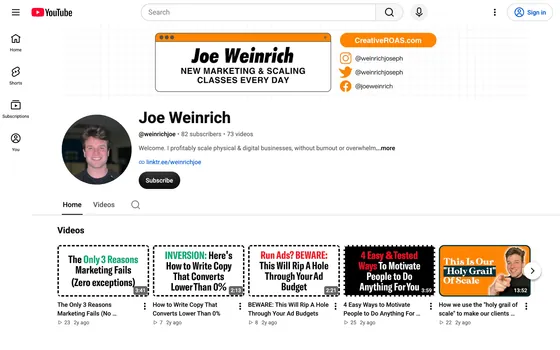 Joe Weinrich’s YouTube channel with his marketing and scaling videos.