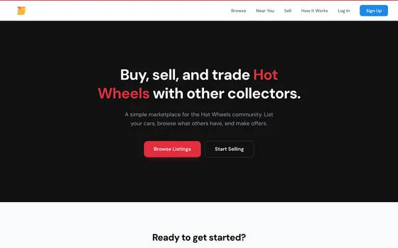 The HW Swap and Shop home page on a computer: buy, sell and trade Hot Wheels with other collectors.