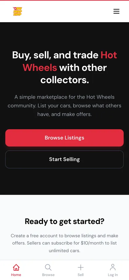 The HW Swap and Shop home page on a phone, with buttons to browse listings or start selling.