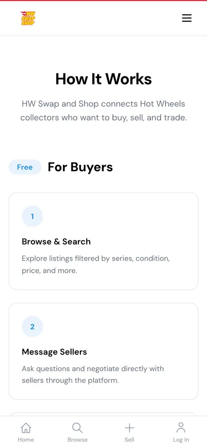 How it works on a phone: buyers browse and search, message sellers and make offers.