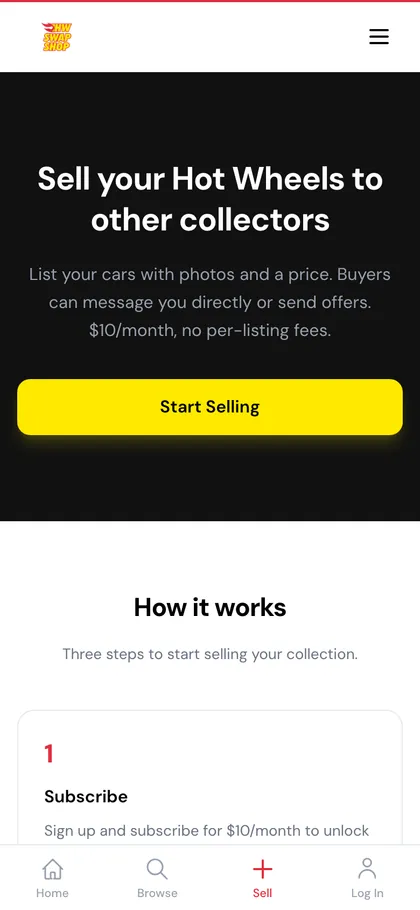 The page for sellers on a phone: list your cars with photos and a price, and buyers message you or send offers.