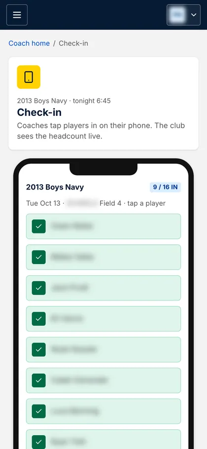 Check-in on a phone: a coach ticks off players as they arrive, 9 of 16 in. Sample names.