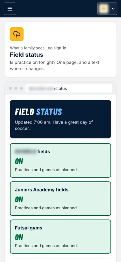 The public field status page: every group of fields shows On, with practices and games as planned.