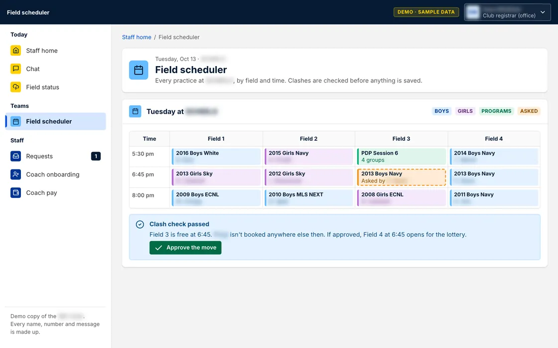 The soccer club app’s field scheduler: Tuesday’s practices across four fields, with a clash check before anything is saved. Sample data.