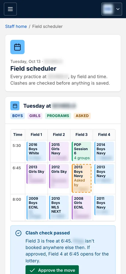 The field scheduler on a phone: practices by field and time, and a passed clash check.