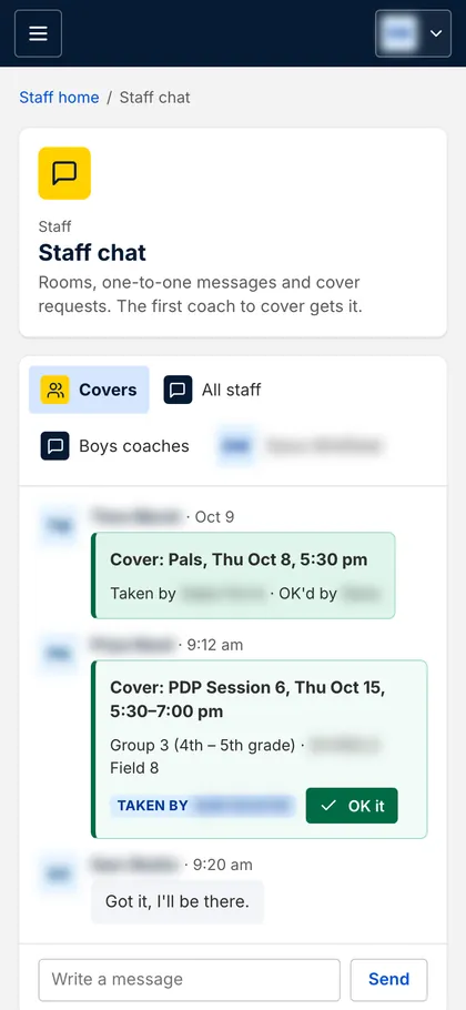 Staff chat on a phone: a coach asks for a cover, another coach takes it and the office okays it. Sample names.