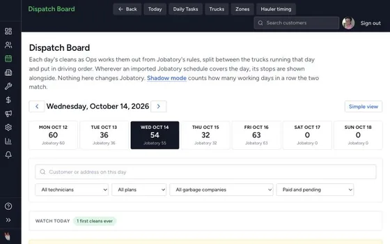 The dispatch board: a week of cleans by day, with filters for drivers, plans and garbage companies.