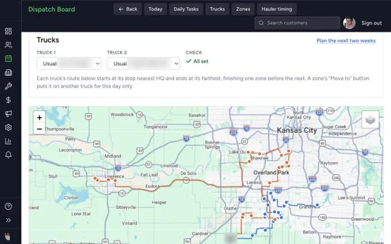 Today’s routes on a map of the Kansas City area, one color per truck. Driver names blurred.