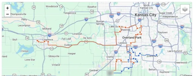 Trash Bin Cleaning Hub: today’s routes on a map, one color per truck. Driver names blurred.